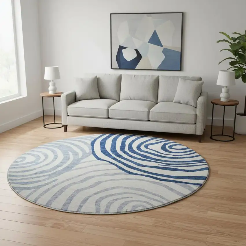 8' Blue And Ivory Abstract Washable Round Rug With UV Protection Photo 2