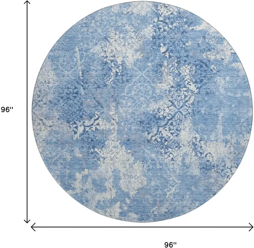 8' Blue And Ivory Abstract Washable Round Rug With UV Protection Photo 3