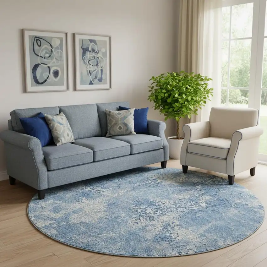 8' Blue And Ivory Abstract Washable Round Rug With UV Protection Photo 1