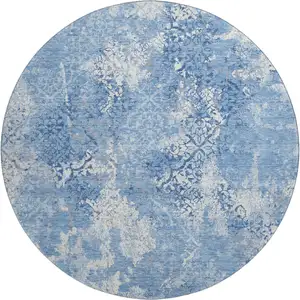 Photo of 8' Blue And Ivory Abstract Washable Round Rug With UV Protection
