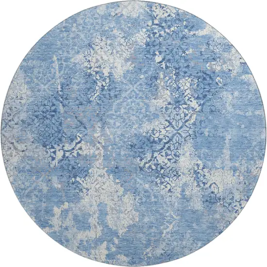 8' Blue And Ivory Abstract Washable Round Rug With UV Protection Photo 1