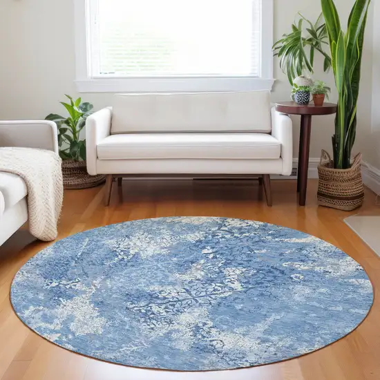 8' Blue And Ivory Abstract Washable Round Rug With UV Protection Photo 5
