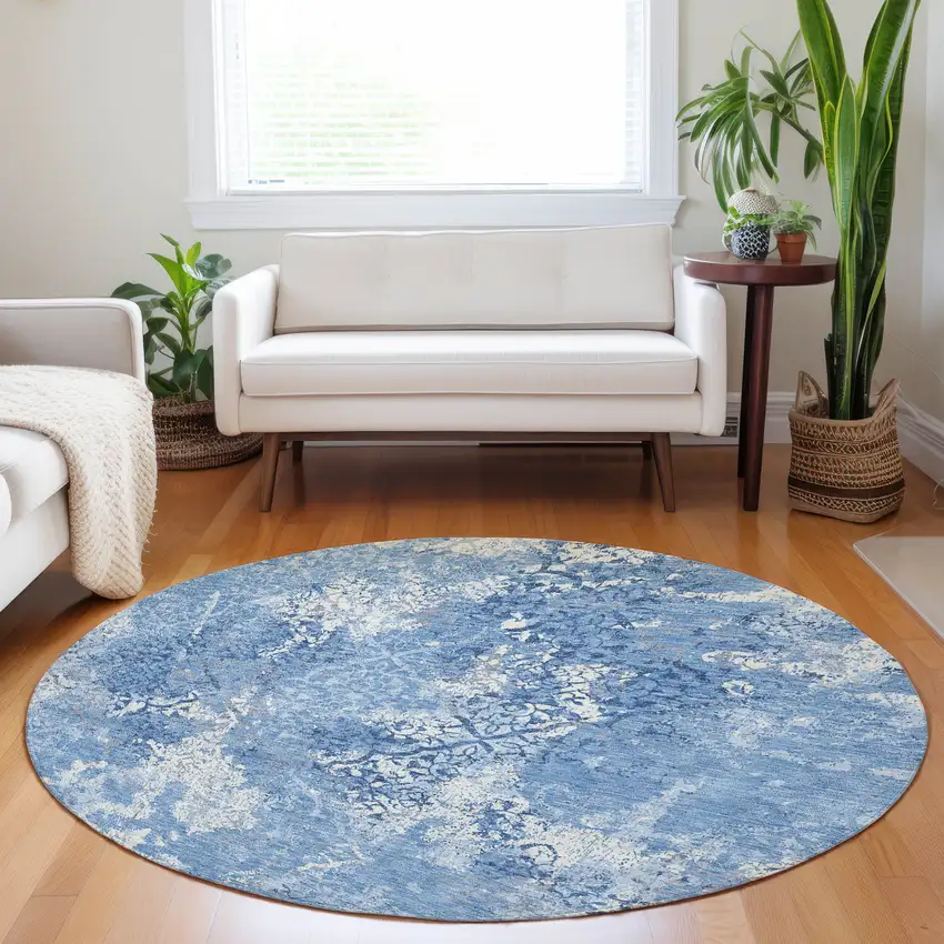 8' Blue And Ivory Abstract Washable Round Rug With UV Protection Photo 5