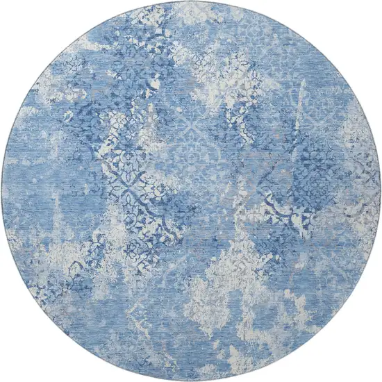 8' Blue And Ivory Abstract Washable Round Rug With UV Protection Photo 4