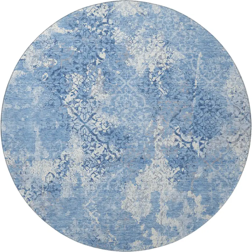 8' Blue And Ivory Abstract Washable Round Rug With UV Protection Photo 4