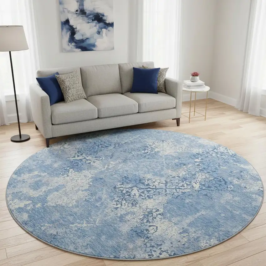8' Blue And Ivory Abstract Washable Round Rug With UV Protection Photo 2