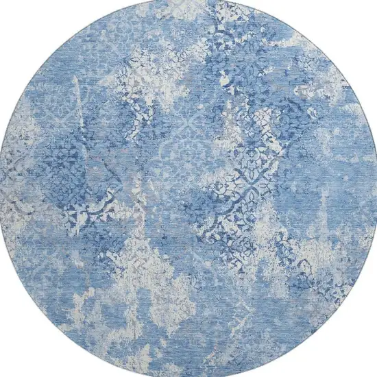 8' Blue And Ivory Abstract Washable Round Rug With UV Protection Photo 3