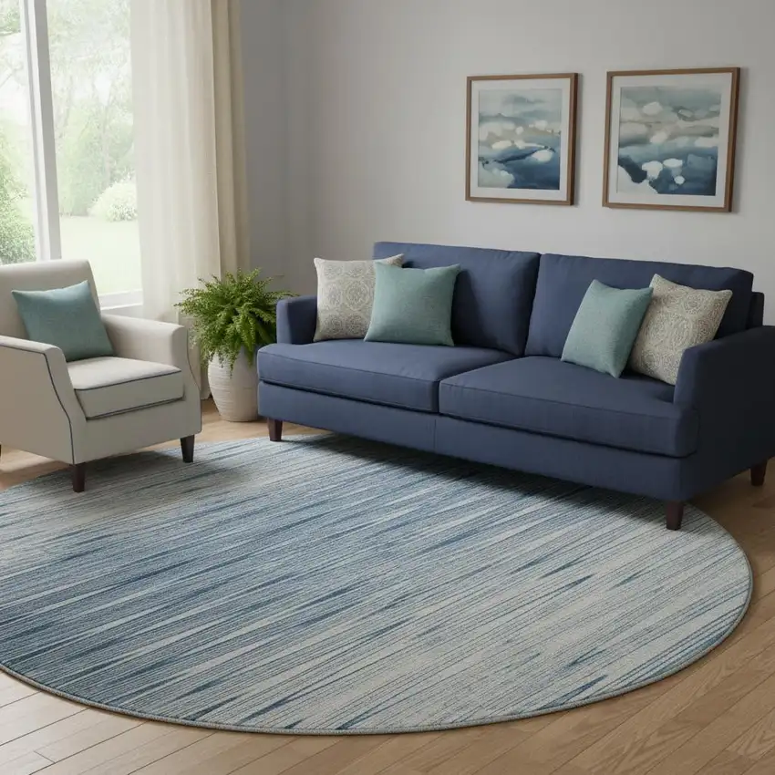 8' Blue And Ivory Abstract Washable Round Rug With UV Protection Photo 1