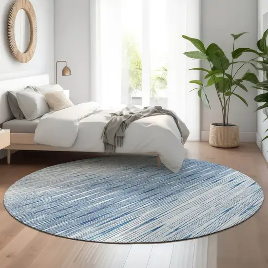 8' Blue And Ivory Abstract Washable Round Rug With UV Protection Photo 5