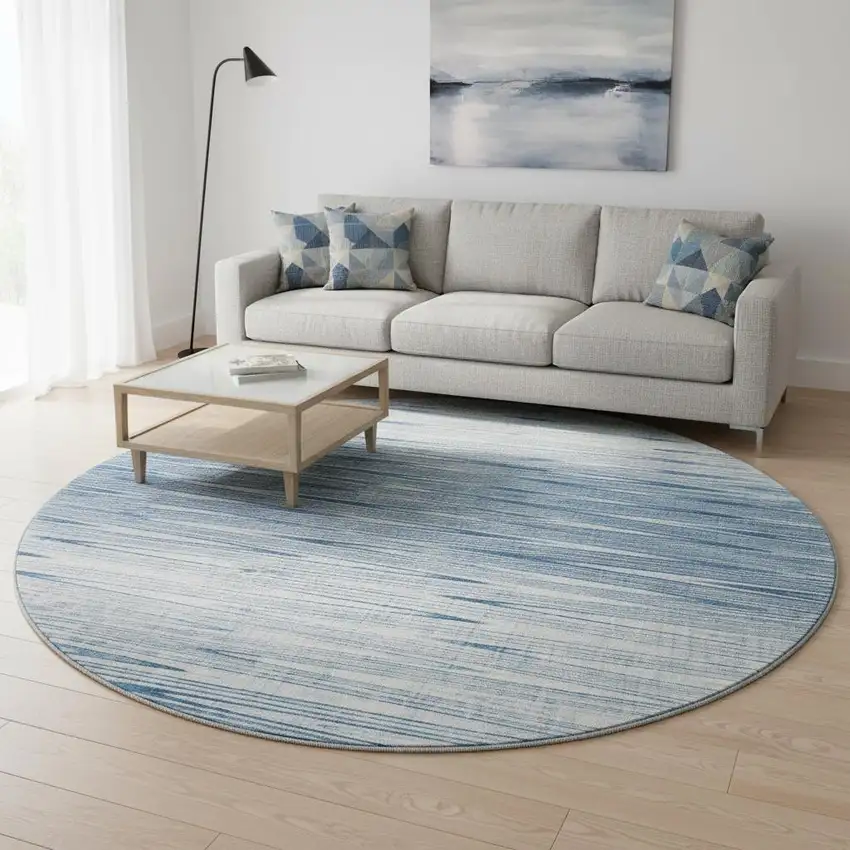 8' Blue And Ivory Abstract Washable Round Rug With UV Protection Photo 2