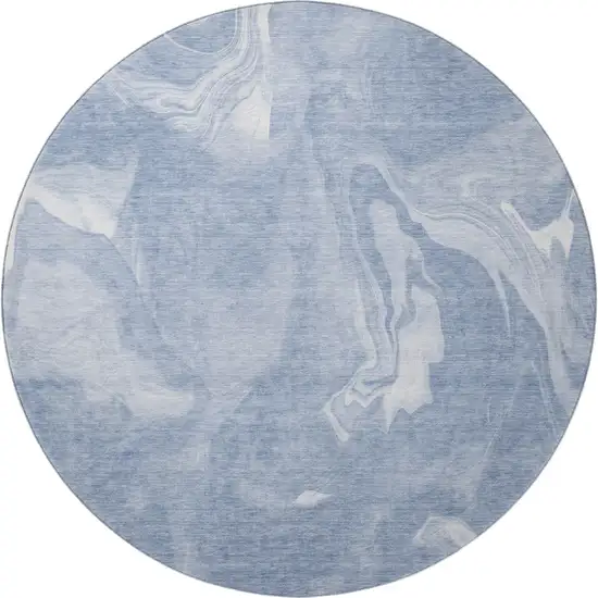 8' Blue And Ivory Abstract Washable Round Rug With UV Protection Photo 4