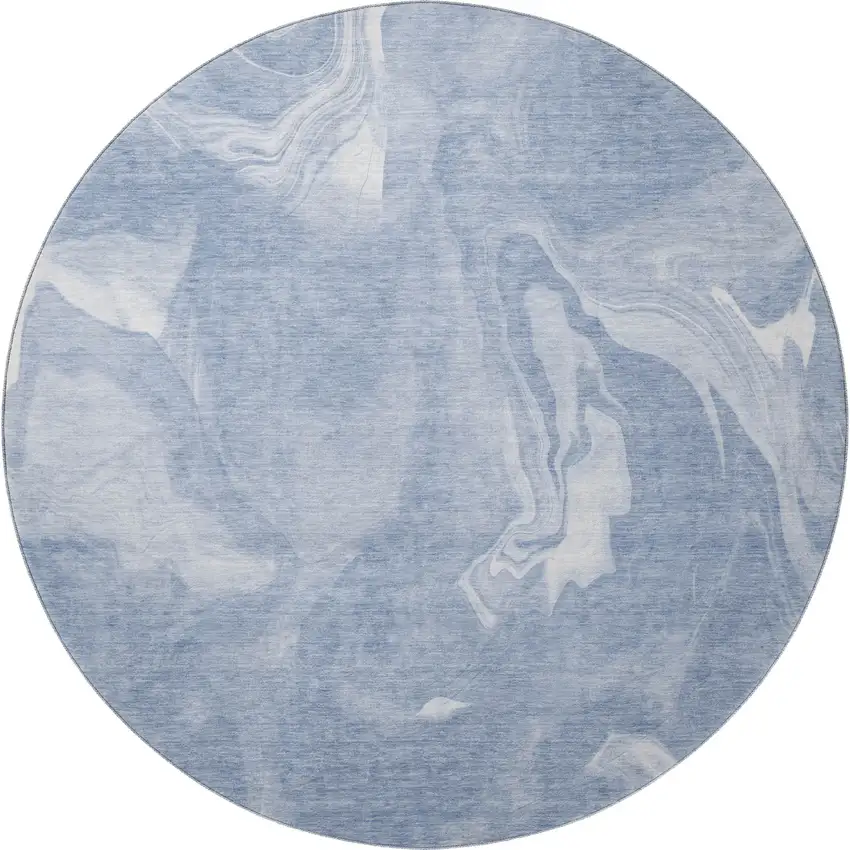 8' Blue And Ivory Abstract Washable Round Rug With UV Protection Photo 4