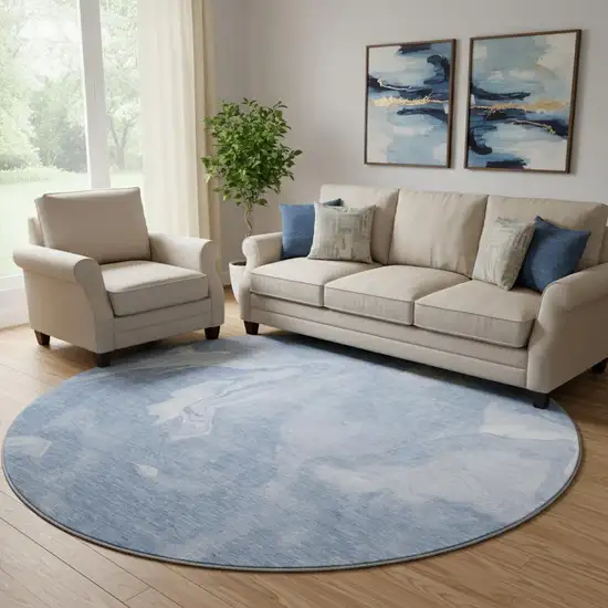 8' Blue And Ivory Abstract Washable Round Rug With UV Protection Photo 1