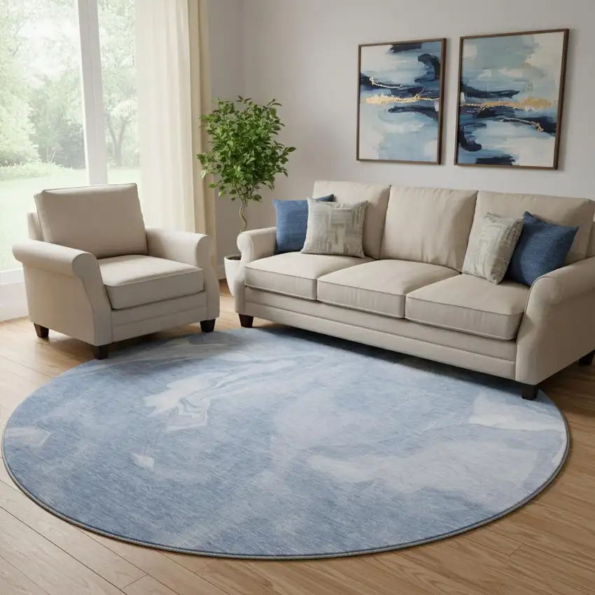 8' Blue And Ivory Abstract Washable Round Rug With UV Protection Photo 1