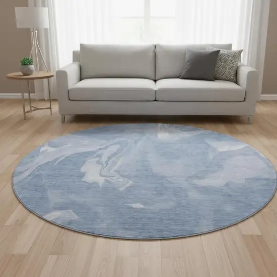 8' Blue And Ivory Abstract Washable Round Rug With UV Protection Photo 2