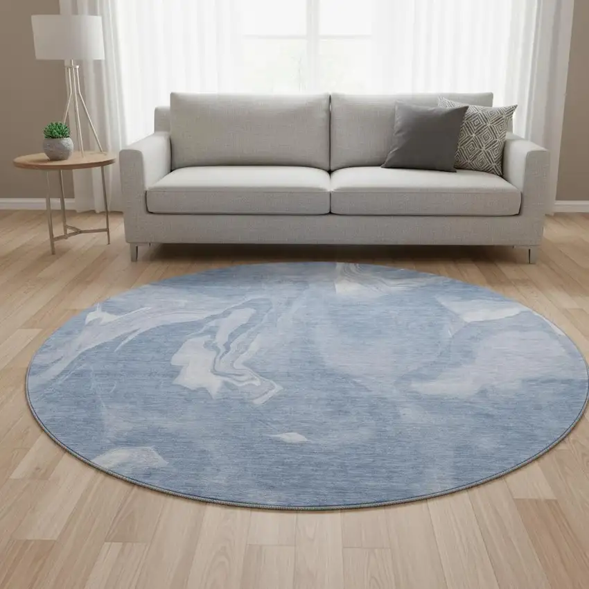 8' Blue And Ivory Abstract Washable Round Rug With UV Protection Photo 2
