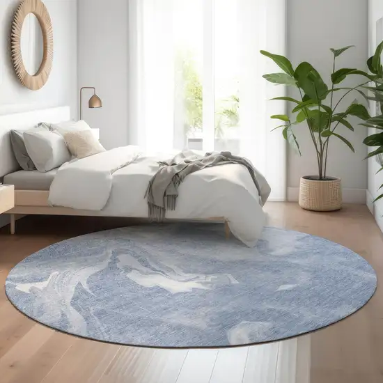 8' Blue And Ivory Abstract Washable Round Rug With UV Protection Photo 5