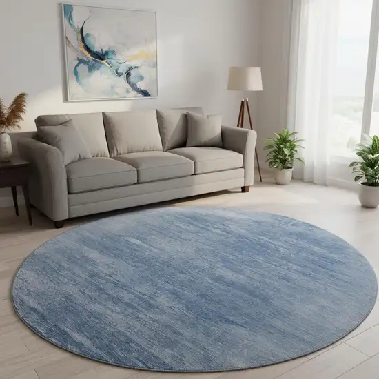 8' Blue And Ivory Abstract Washable Round Rug With UV Protection Photo 2