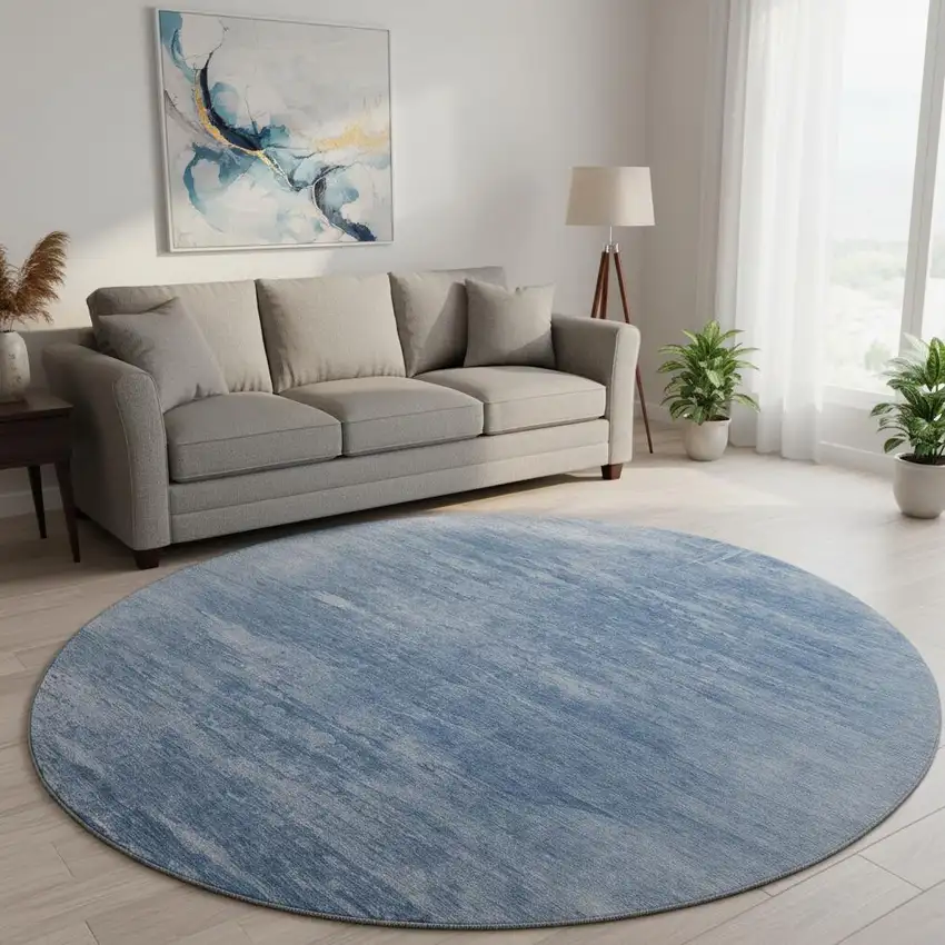 8' Blue And Ivory Abstract Washable Round Rug With UV Protection Photo 2