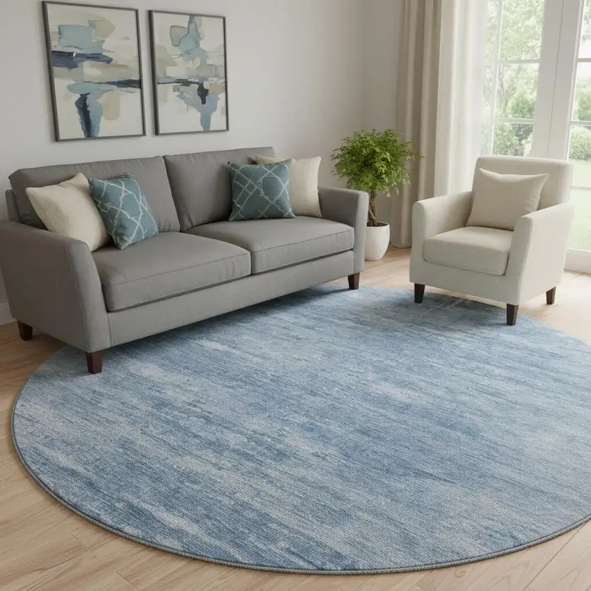 8' Blue And Ivory Abstract Washable Round Rug With UV Protection Photo 1