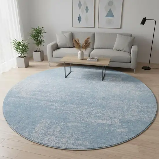 8' Blue And Ivory Abstract Washable Round Rug With UV Protection Photo 2