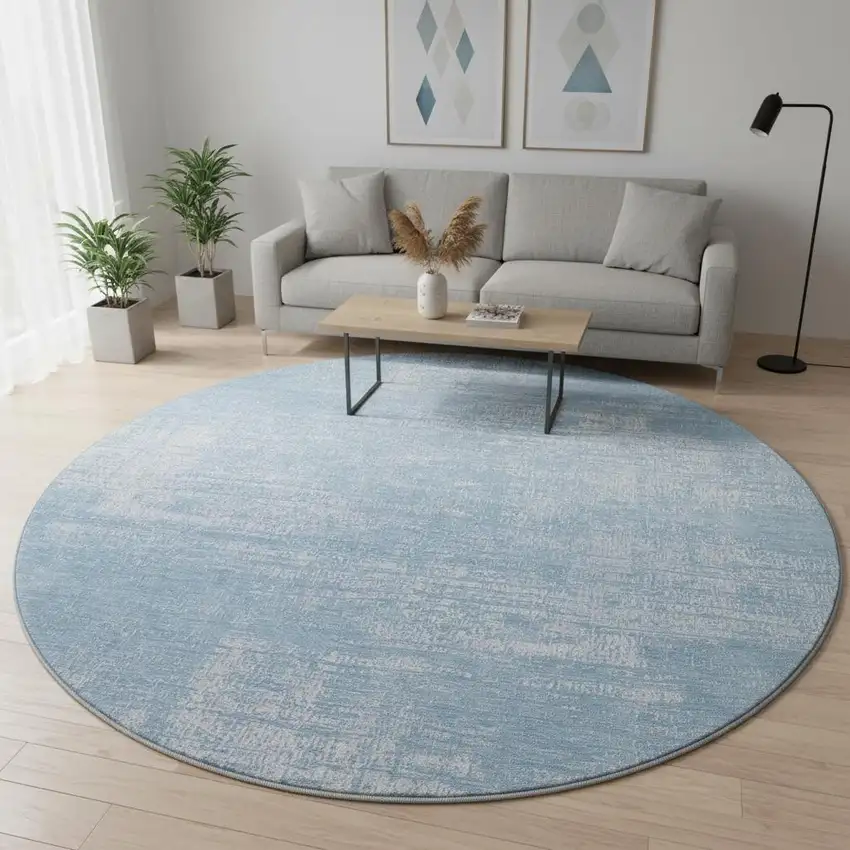 8' Blue And Ivory Abstract Washable Round Rug With UV Protection Photo 2