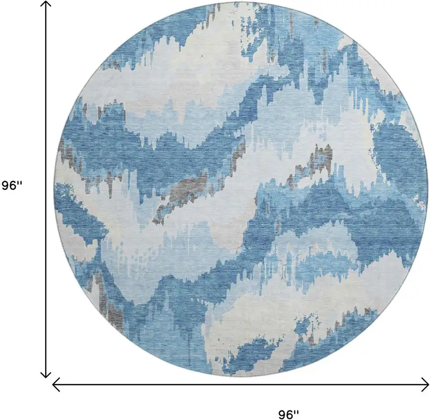 8' Blue And Ivory Abstract Washable Round Rug With UV Protection Photo 3