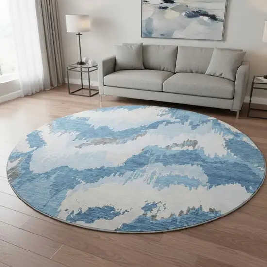 8' Blue And Ivory Abstract Washable Round Rug With UV Protection Photo 1