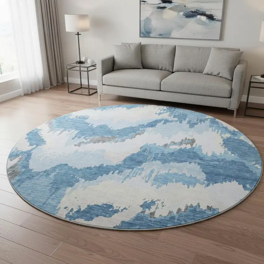 8' Blue And Ivory Abstract Washable Round Rug With UV Protection Photo 1