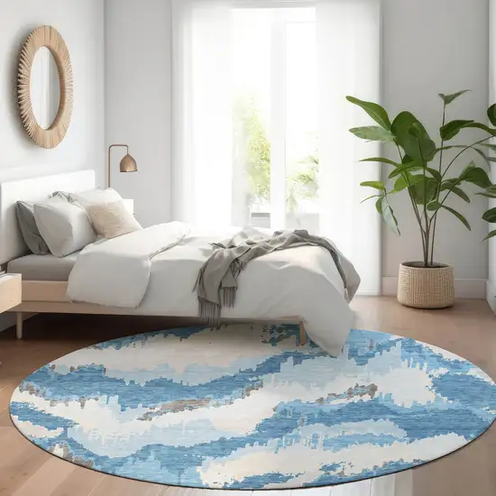 8' Blue And Ivory Abstract Washable Round Rug With UV Protection Photo 6