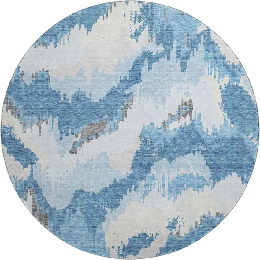 8' Blue And Ivory Abstract Washable Round Rug With UV Protection Photo 2
