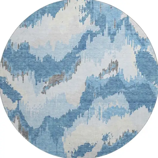 8' Blue And Ivory Abstract Washable Round Rug With UV Protection Photo 4