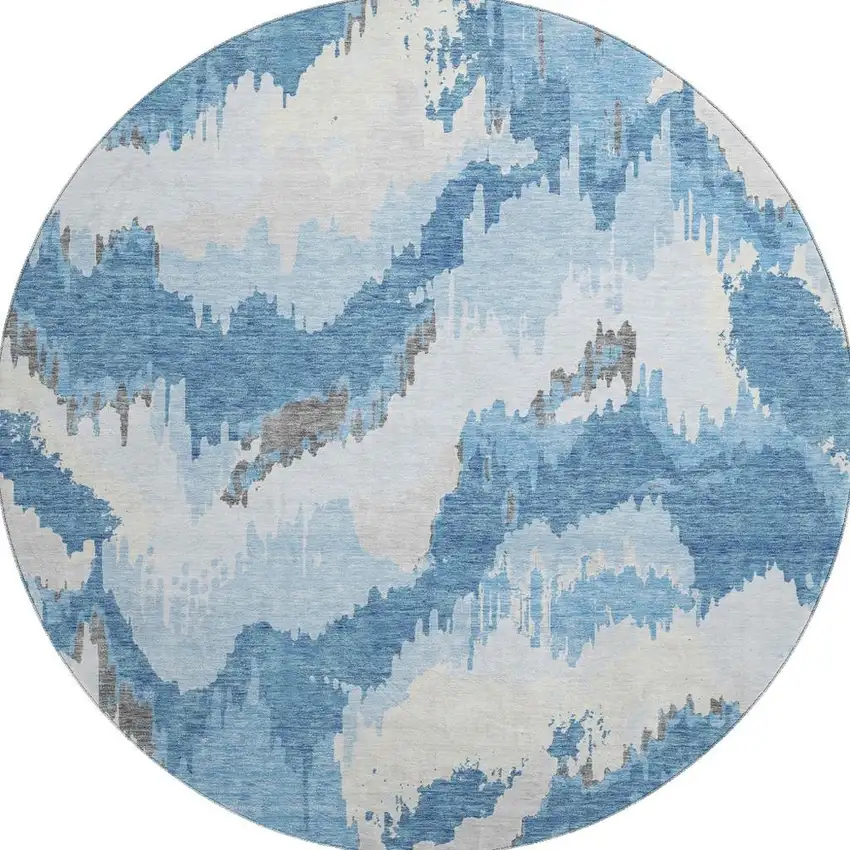 8' Blue And Ivory Abstract Washable Round Rug With UV Protection Photo 4