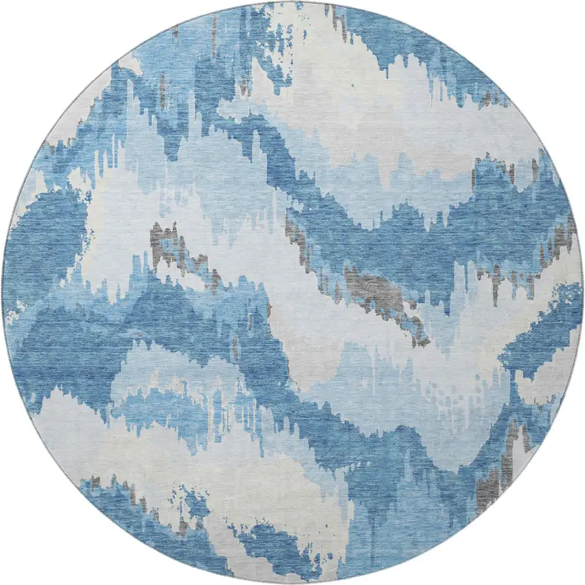 8' Blue And Ivory Abstract Washable Round Rug With UV Protection Photo 5