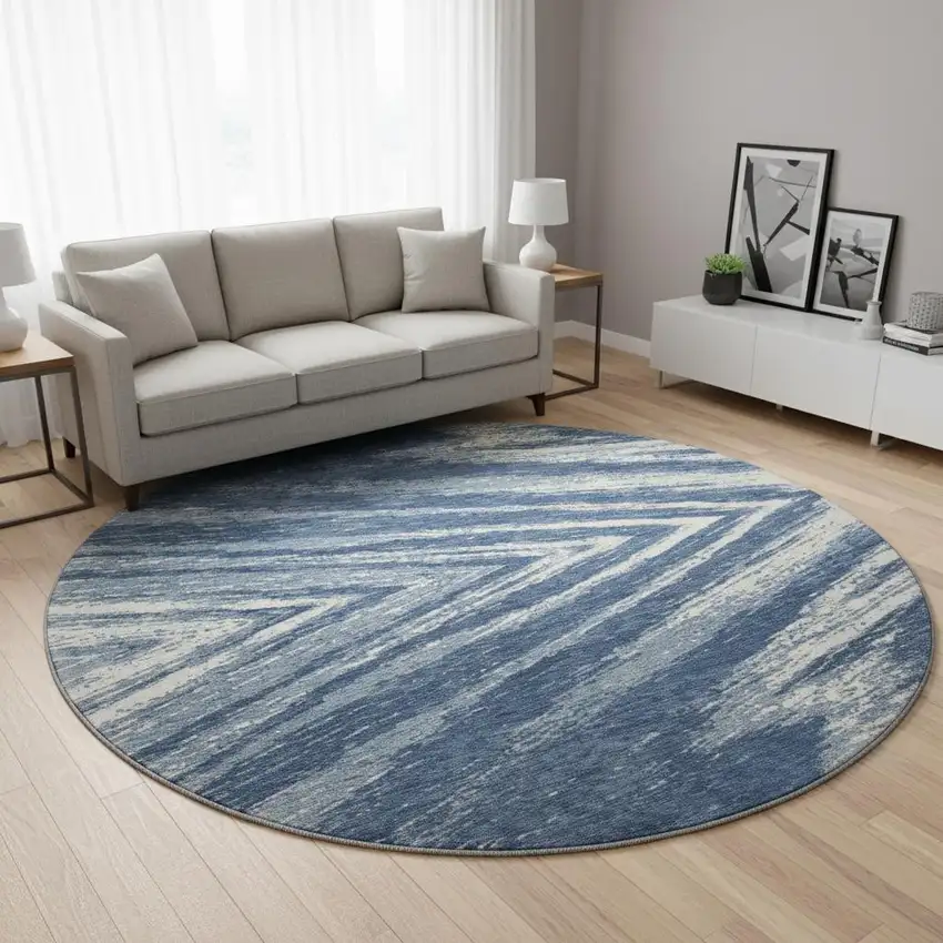 8' Blue And Ivory Abstract Washable Round Rug With UV Protection Photo 2