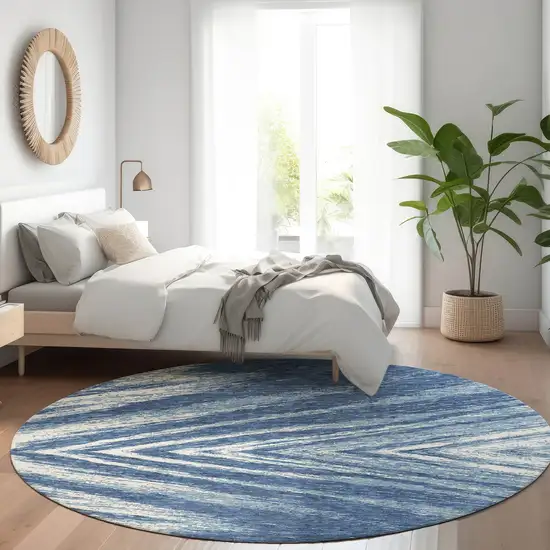 8' Blue And Ivory Abstract Washable Round Rug With UV Protection Photo 5