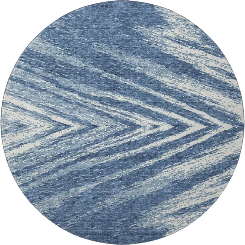 8' Blue And Ivory Abstract Washable Round Rug With UV Protection Photo 4