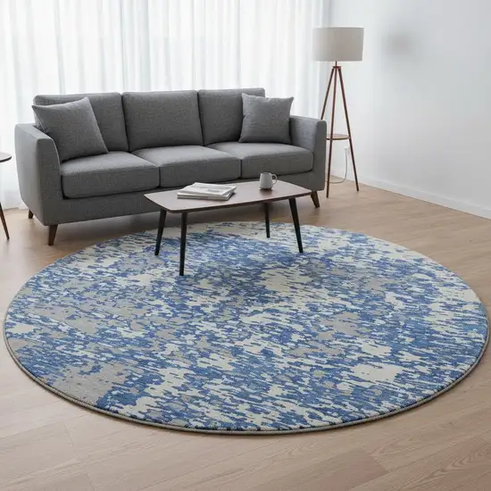 8' Blue And Ivory Abstract Washable Round Rug With UV Protection Photo 2