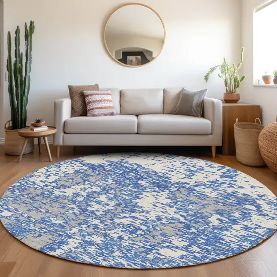 8' Blue And Ivory Abstract Washable Round Rug With UV Protection Photo 4