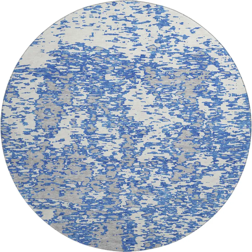 8' Blue And Ivory Abstract Washable Round Rug With UV Protection Photo 1