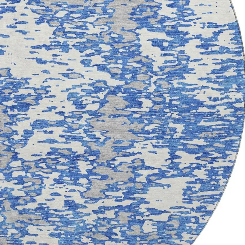 8' Blue And Ivory Abstract Washable Round Rug With UV Protection Photo 3