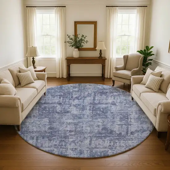 8' Blue And Ivory Abstract Washable Round Rug With UV Protection Photo 3