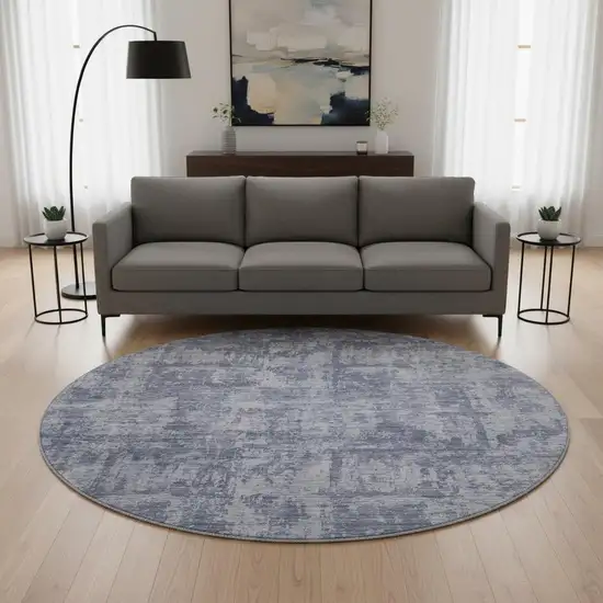 8' Blue And Ivory Abstract Washable Round Rug With UV Protection Photo 2