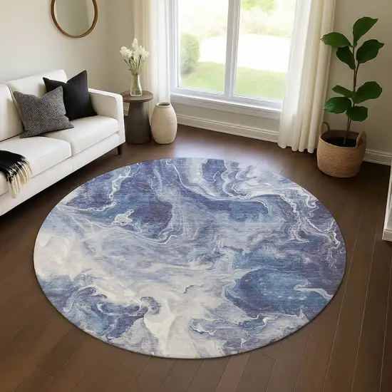 8' Blue And Ivory Abstract Washable Round Rug With UV Protection Photo 4