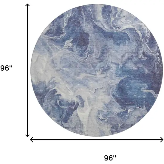 8' Blue And Ivory Abstract Washable Round Rug With UV Protection Photo 9