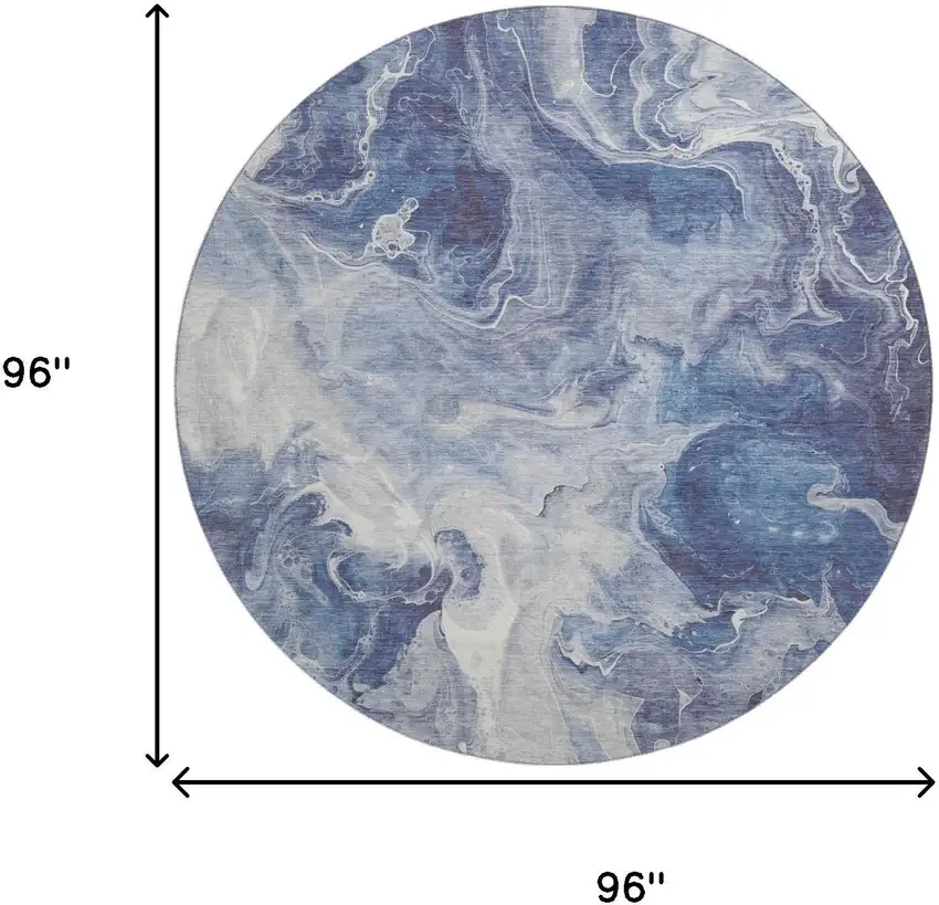 8' Blue And Ivory Abstract Washable Round Rug With UV Protection Photo 9