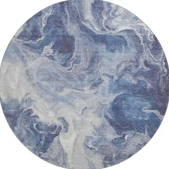 8' Blue And Ivory Abstract Washable Round Rug With UV Protection Photo 3