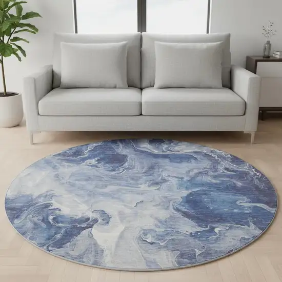 8' Blue And Ivory Abstract Washable Round Rug With UV Protection Photo 2