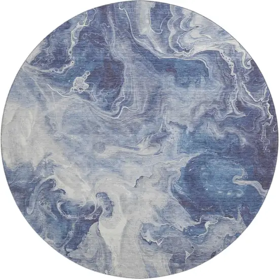 8' Blue And Ivory Abstract Washable Round Rug With UV Protection Photo 1