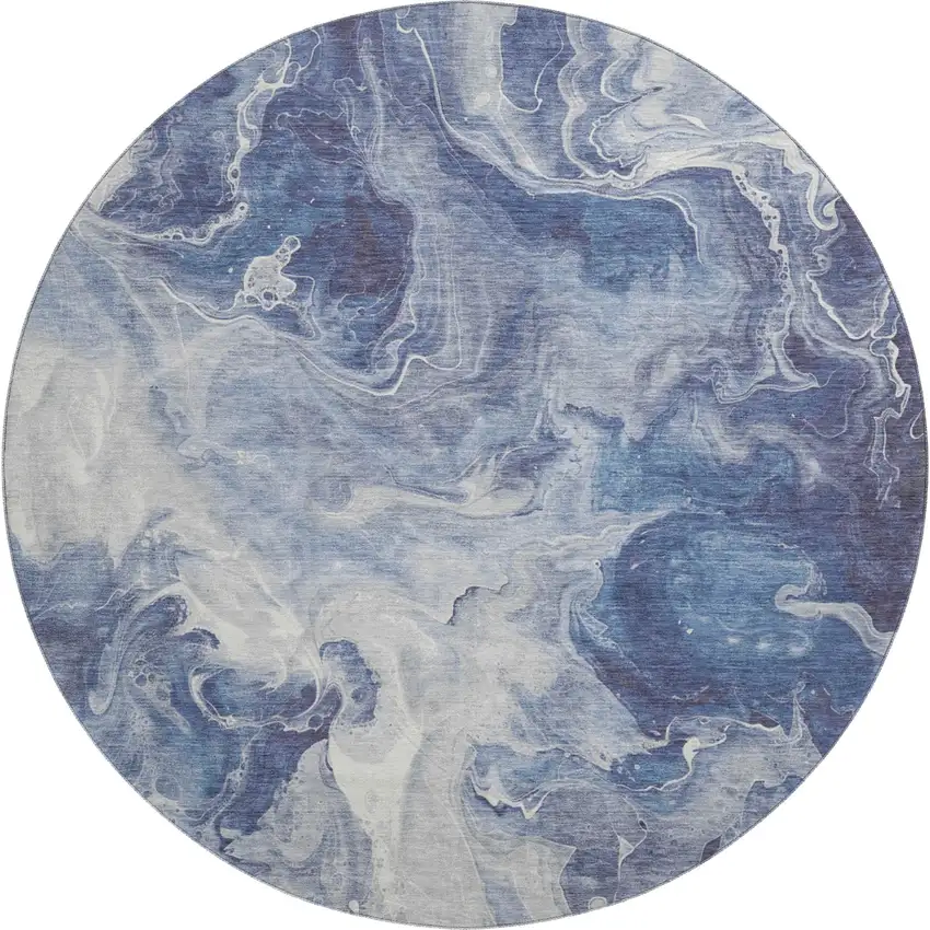 8' Blue And Ivory Abstract Washable Round Rug With UV Protection Photo 1